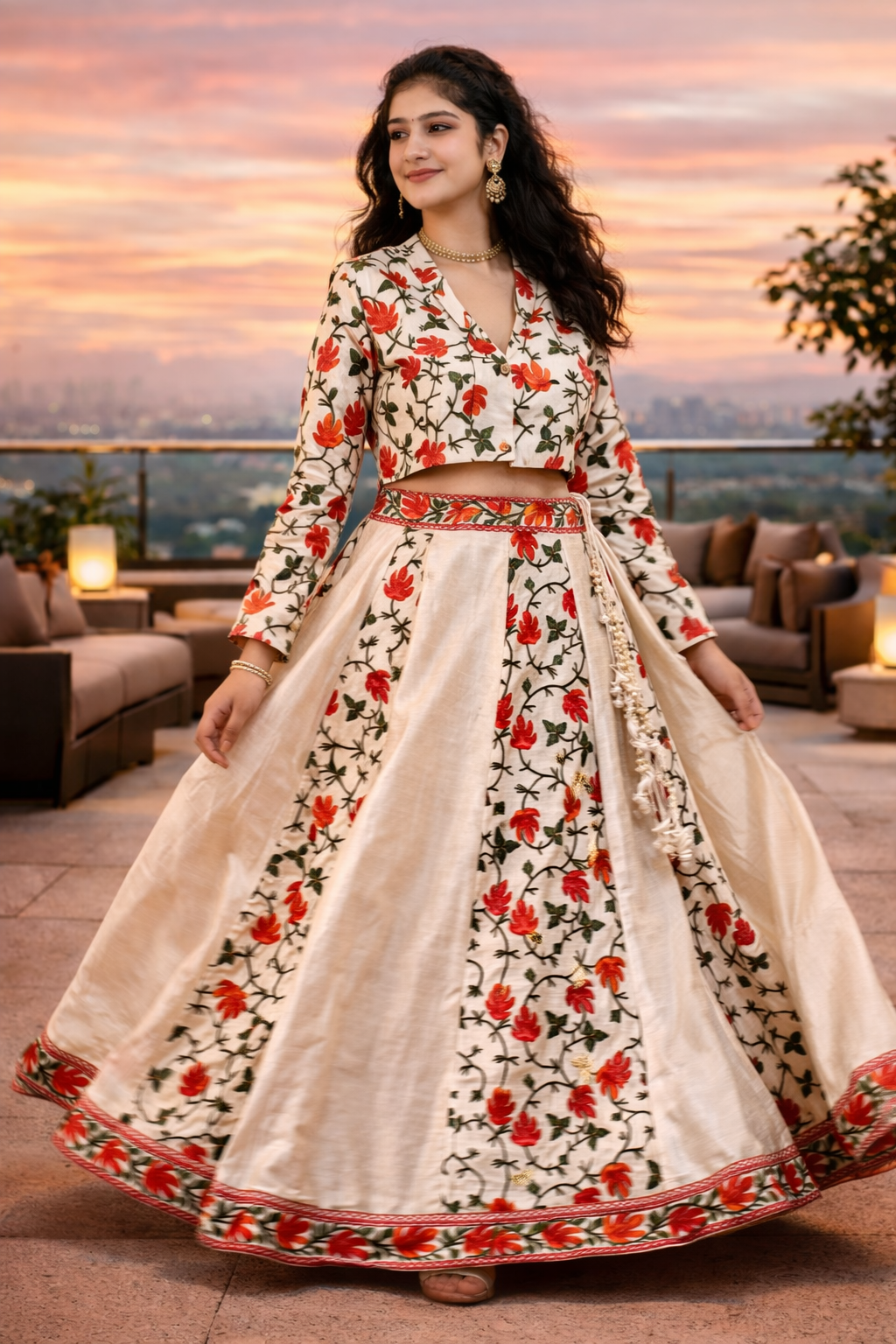 Cream Kashmiri Aari Work Panel Skirt with Jacket Style Crop Top
