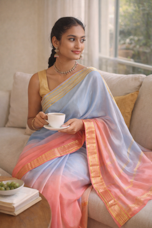 Ombre Pink and Blue Mysore Silk Saree with Gold Border
