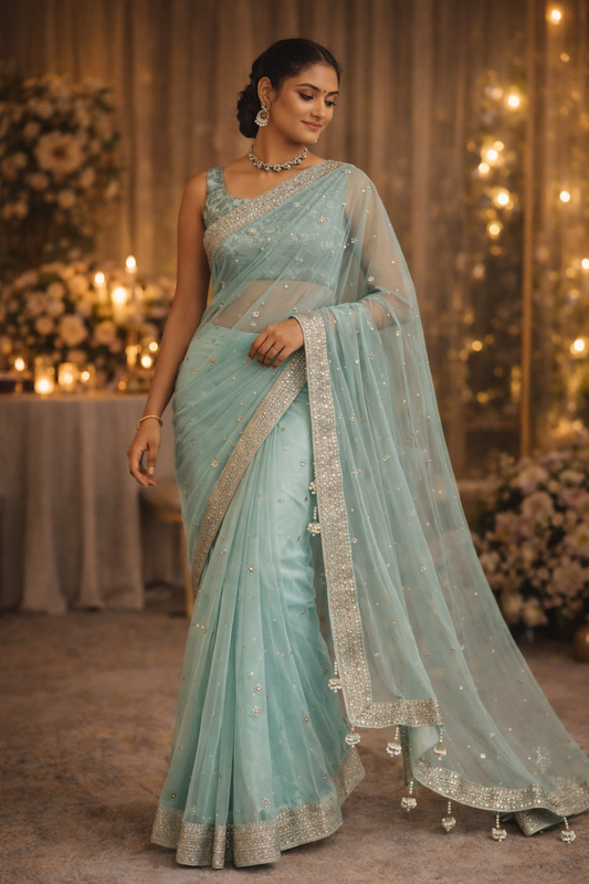 Sea Green Soft Net Saree with Mukesh Embellishment, Silver Lace & Bead Tassels
