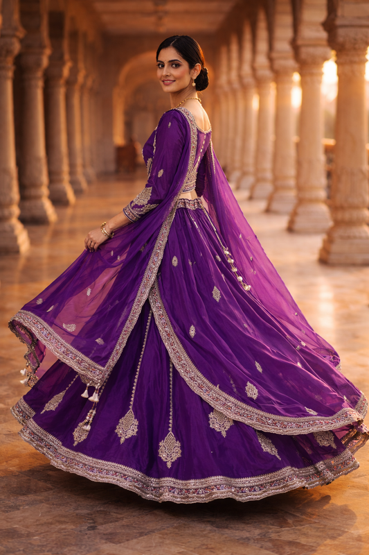 Purple Shantoon Lehenga with Pearl, Tikki & Zari Embroidery and Lace‑Bordered Dupatta
