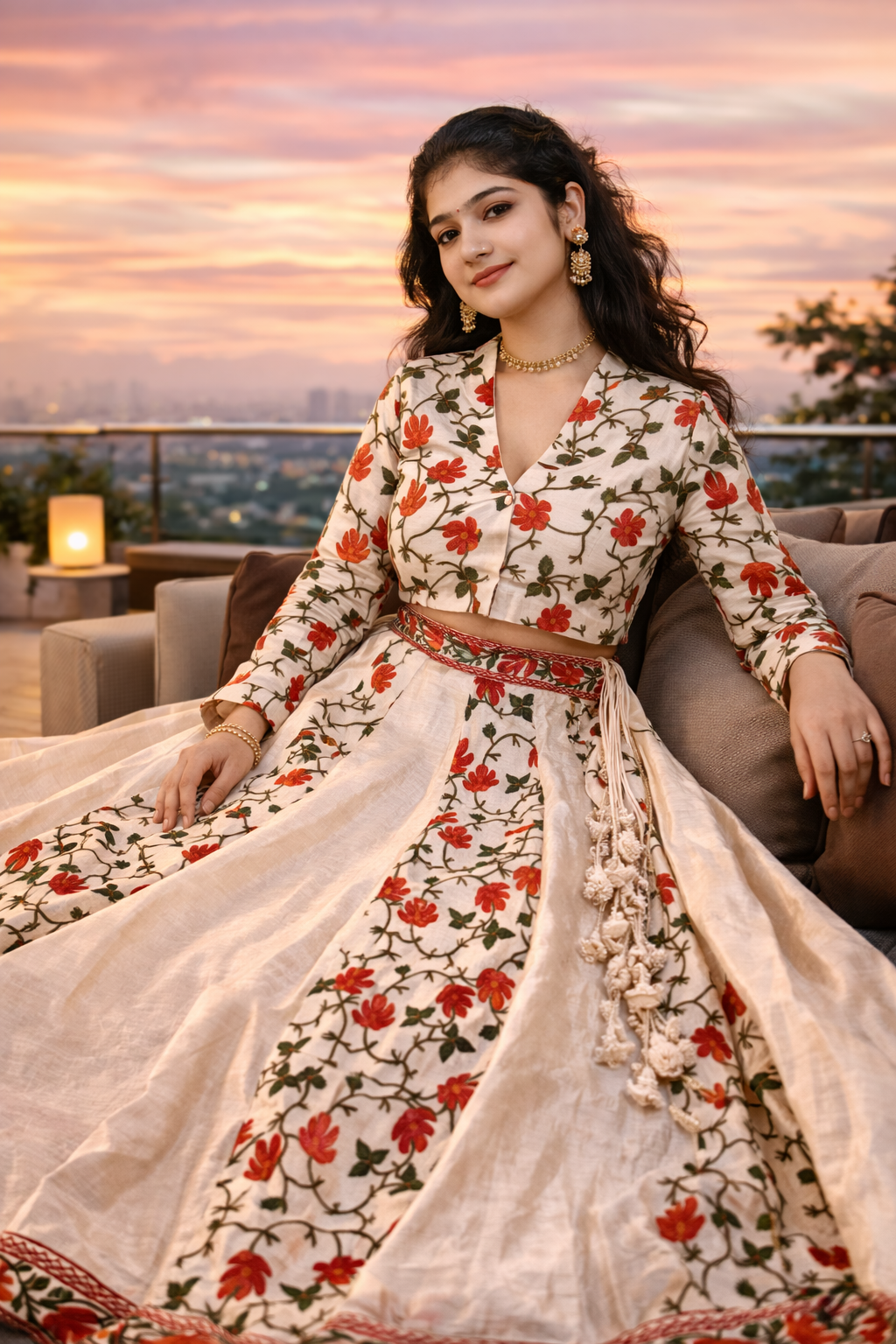 Cream Kashmiri Aari Work Panel Skirt with Jacket Style Crop Top
