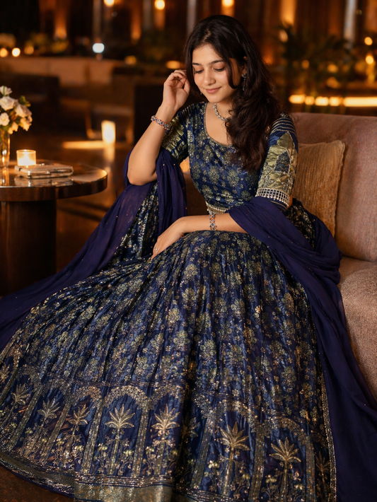 Blue Modal Satin Silk Hand-Worked Lehenga Set