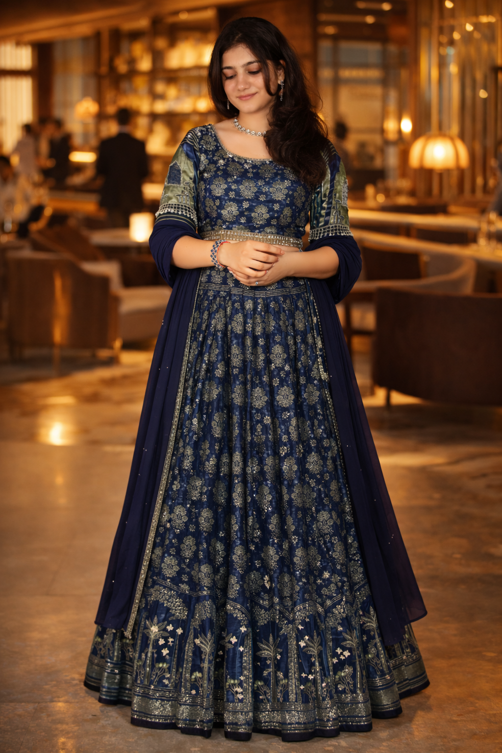 Blue Modal Satin Silk Hand-Worked Lehenga Set