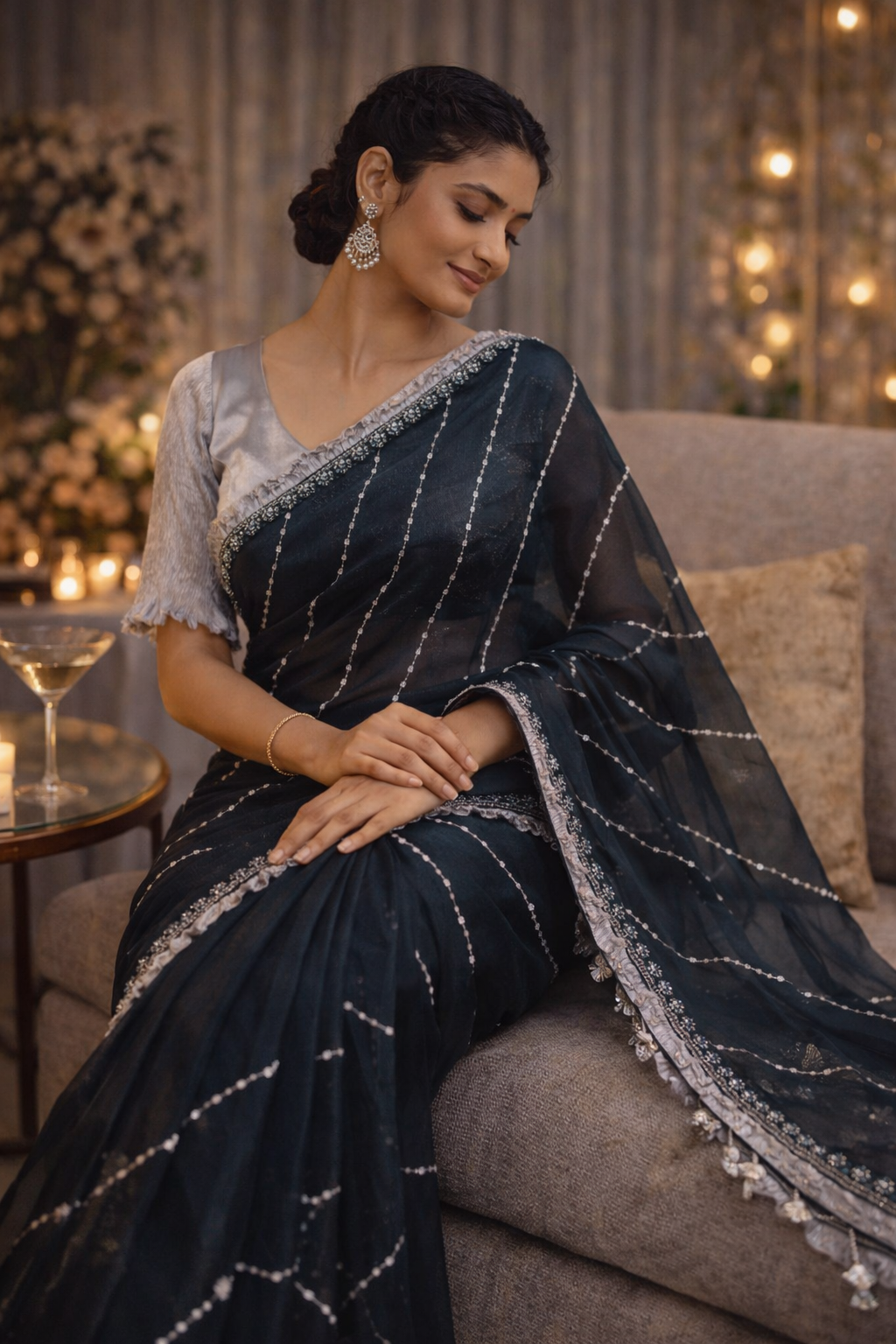 Dark Teal Blue Shimmer Saree with Kardana and Stone Work