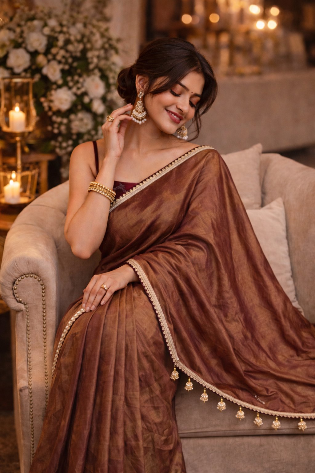 Luxurious Gold and Wine Tissue Saree with Elegant Tassel Details