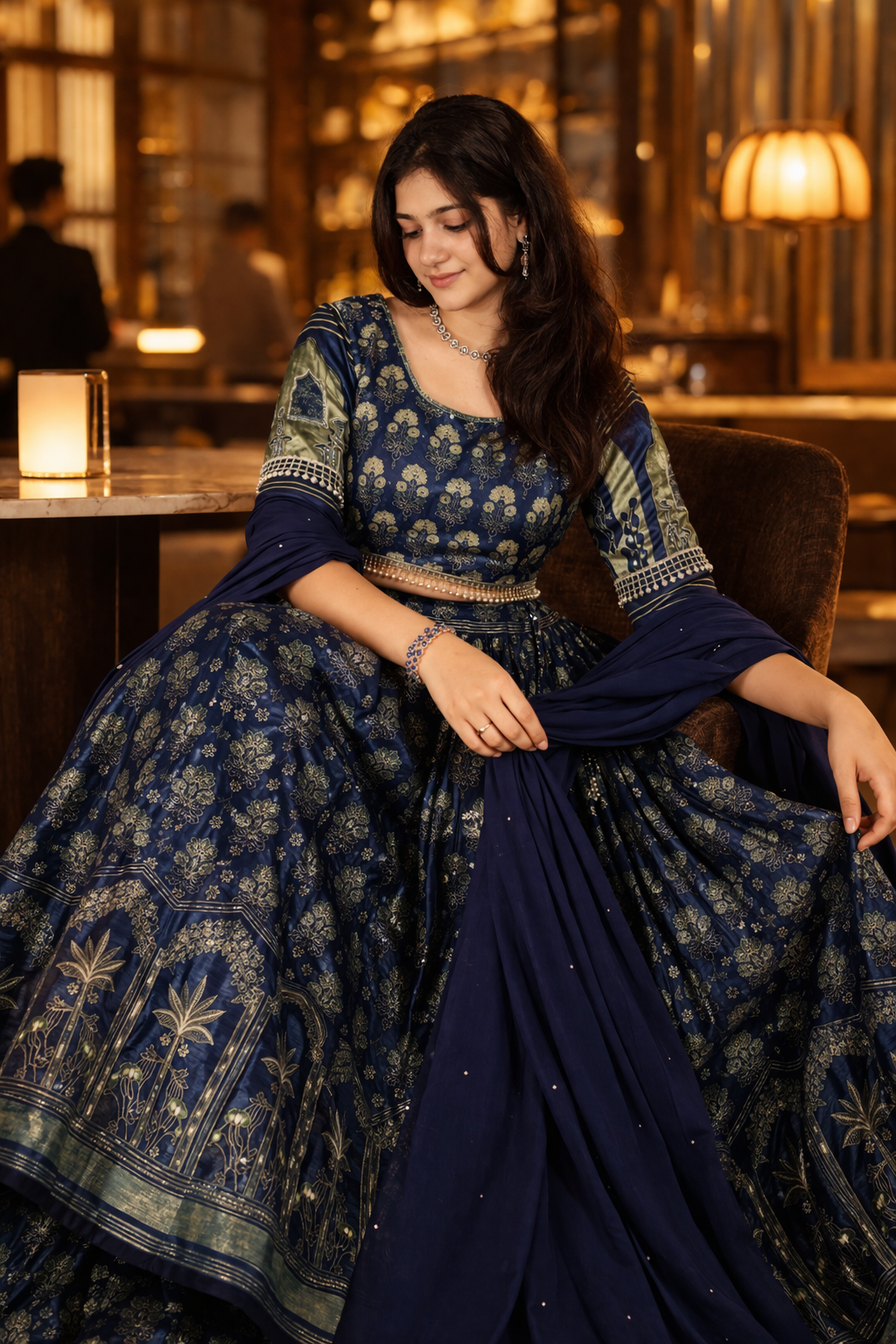 Blue Modal Satin Silk Hand-Worked Lehenga Set