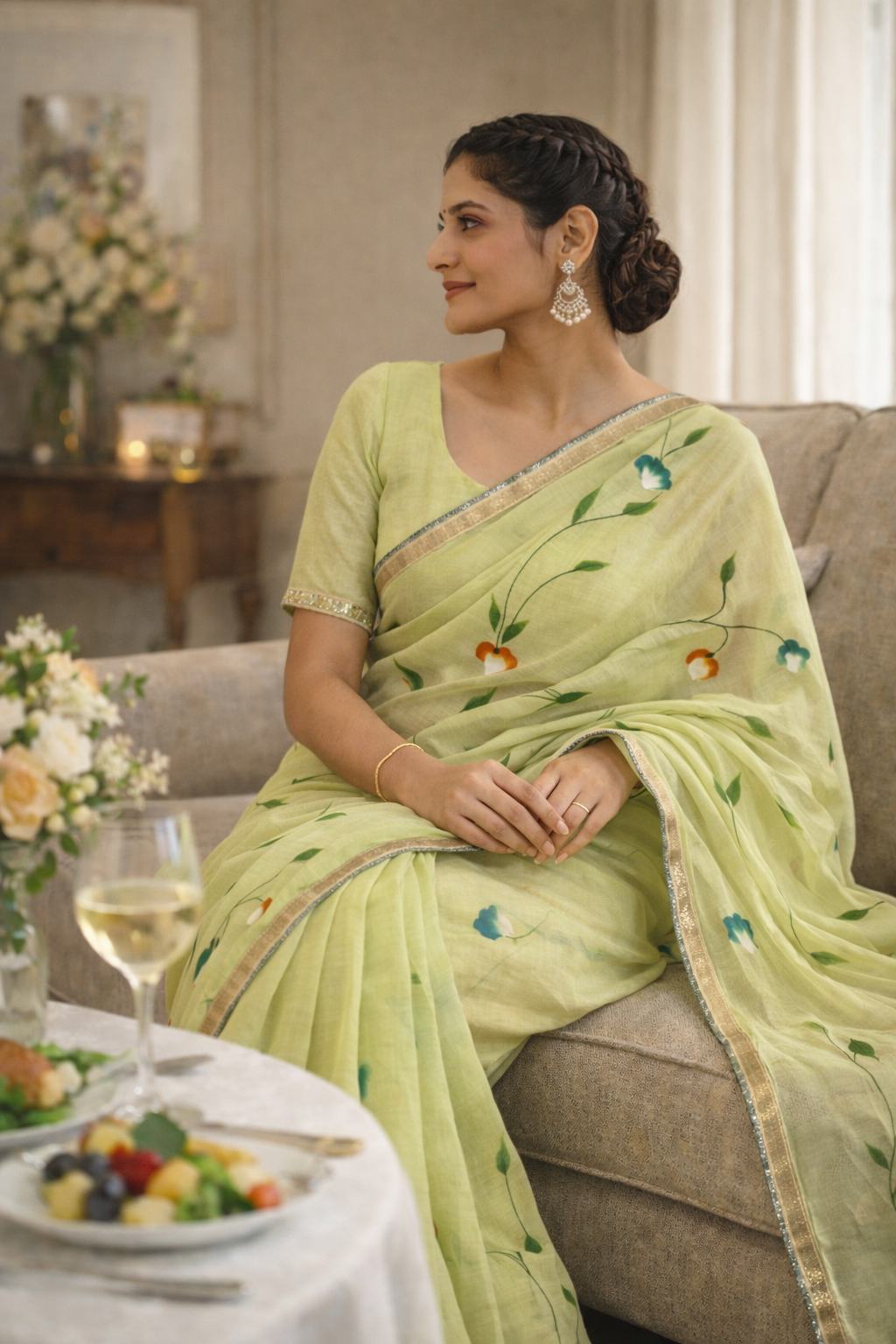 Lime Green Hand‑Painted Cotton Saree with Lurex Lace Borders & Brocade Accents