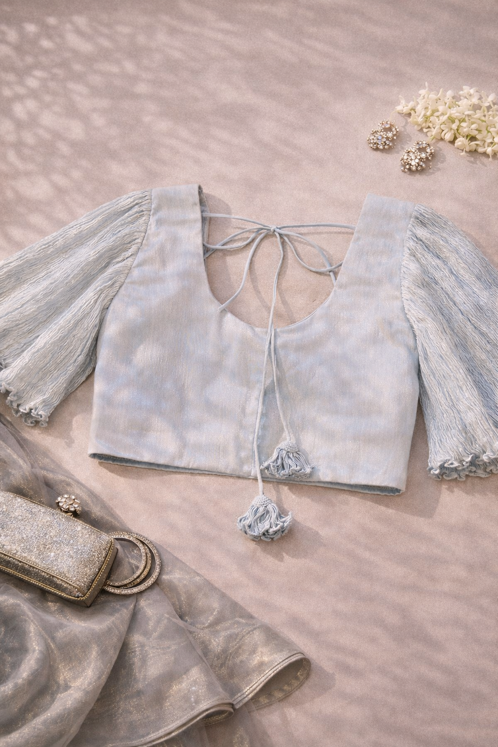 Ice Blue Blouse with Bell Ruffle Sleeves