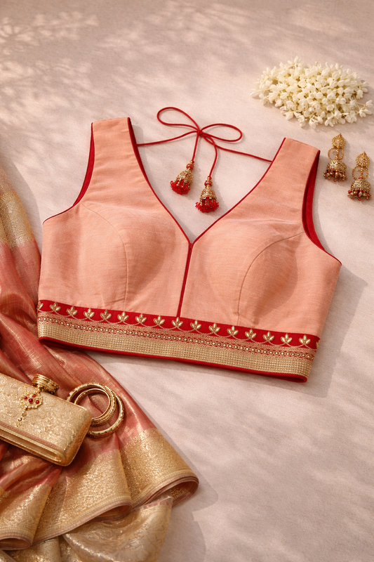 Peach Blouse with Red & Gold Detailing