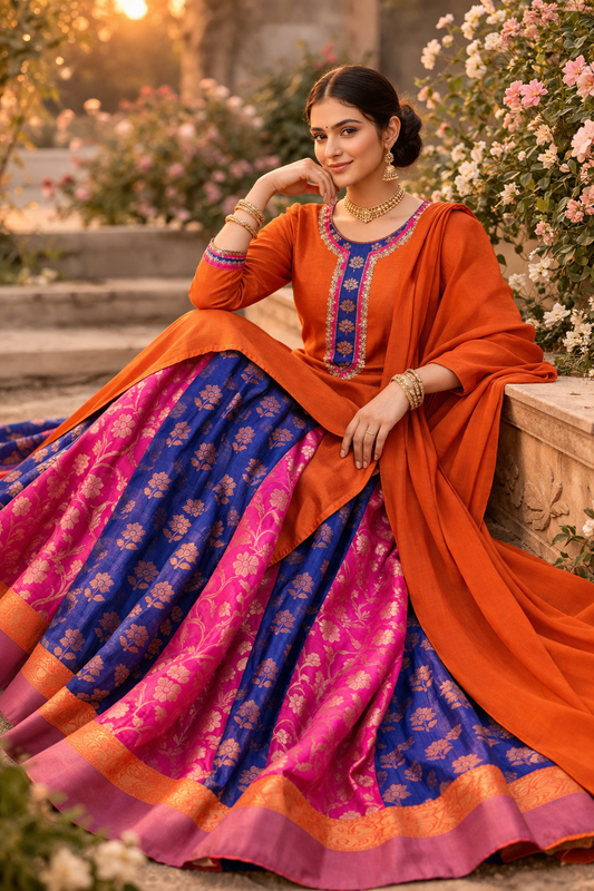 Rust Long Top with Blue and Pink Brocade Skirt Lehenga Set