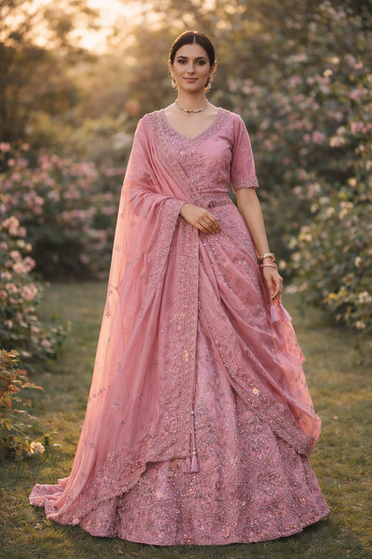 Pink Chinon Lehenga with Embroidery, Tassels & Matching Dupatta