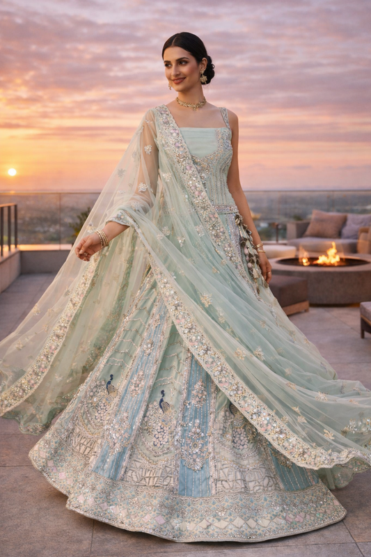 Sea Green Chinon Lehenga with Sequin & Butta Embroidery and Lace‑Bordered Dupatta
