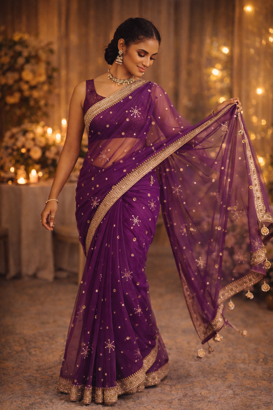 Purple Soft Net Saree with Mukesh Work, Pani Gold Lace & Katdana Star Tassels