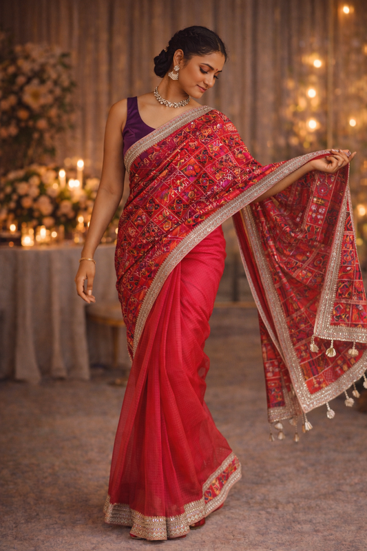 Multicolour Ombre Kota Saree with Embroidered Pallu, Lace & Tassel Detailing