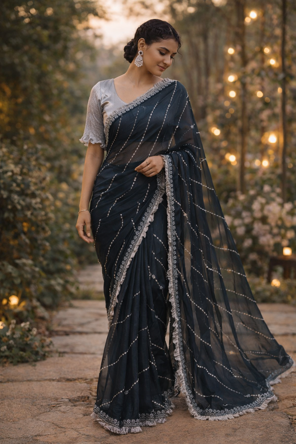 Dark Teal Blue Shimmer Saree with Kardana and Stone Work