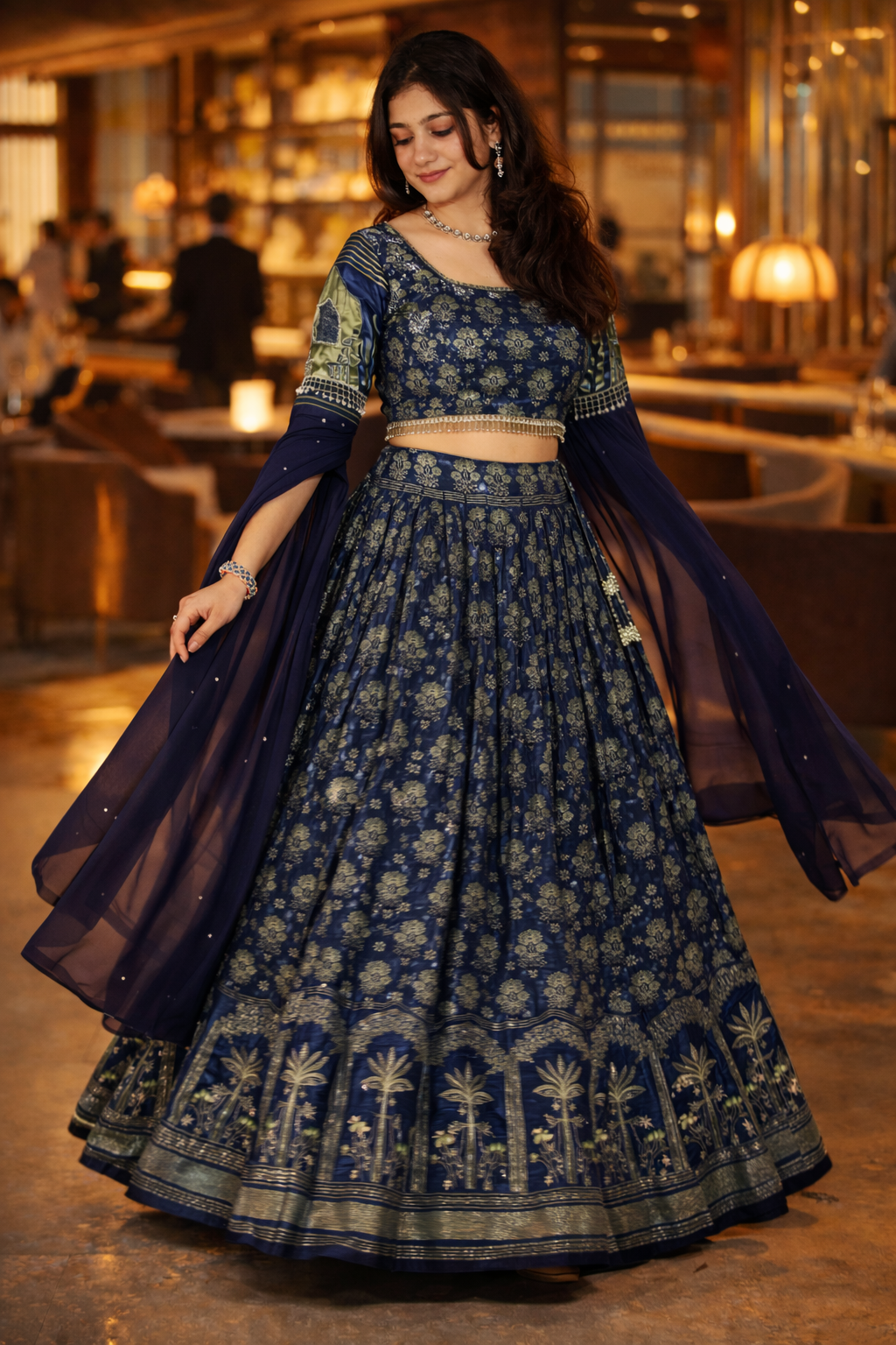 Blue Modal Satin Silk Hand-Worked Lehenga Set