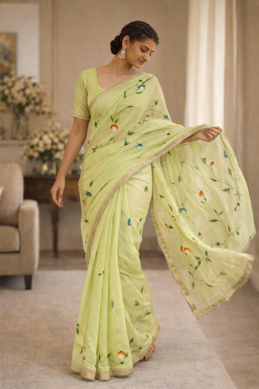 Lime Green Hand‑Painted Cotton Saree with Lurex Lace Borders & Brocade Accents