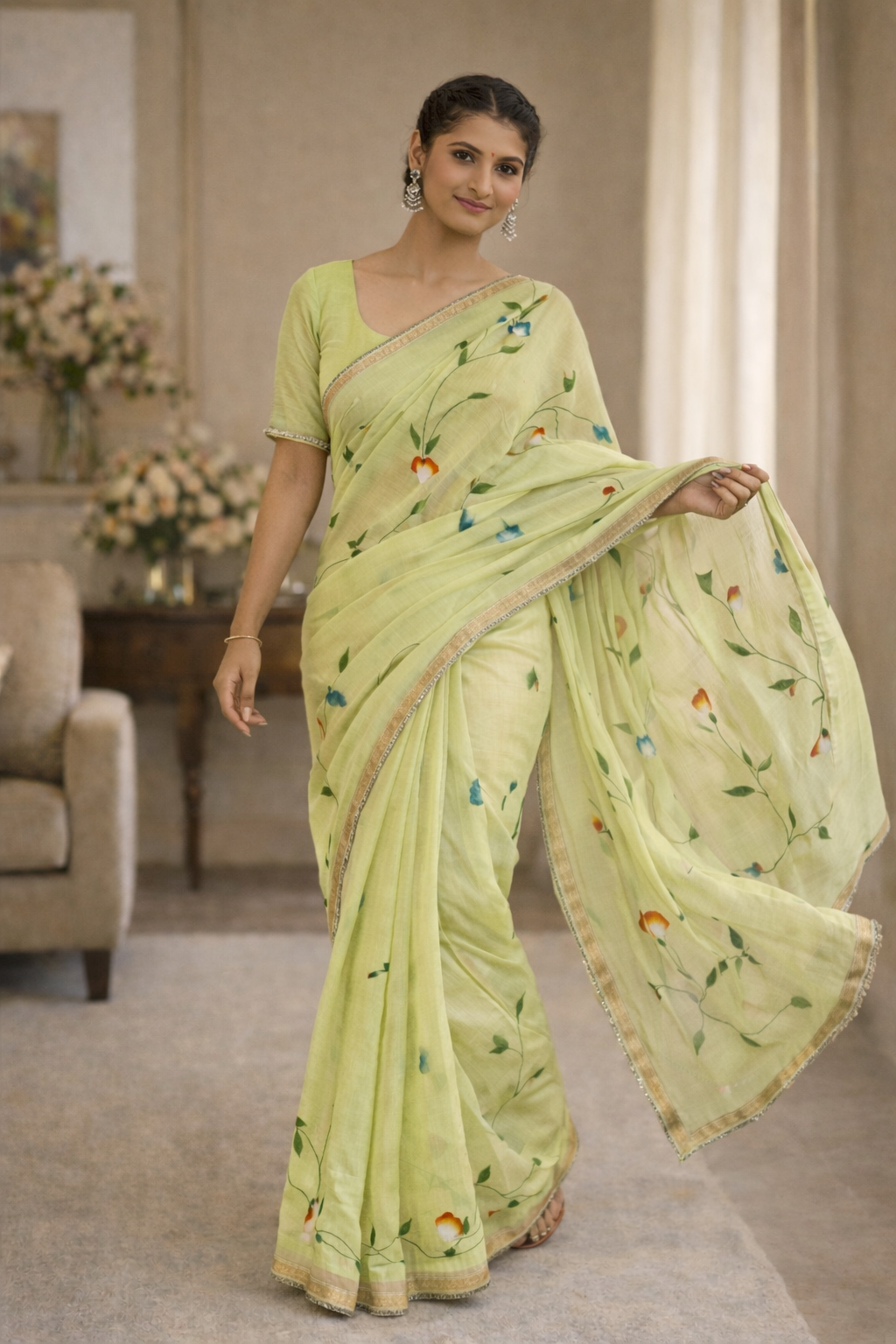 Lime Green Hand‑Painted Cotton Saree with Lurex Lace Borders & Brocade Accents