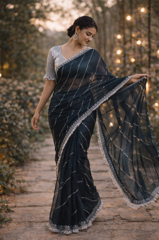 Dark Teal Blue Shimmer Saree with Kardana and Stone Work