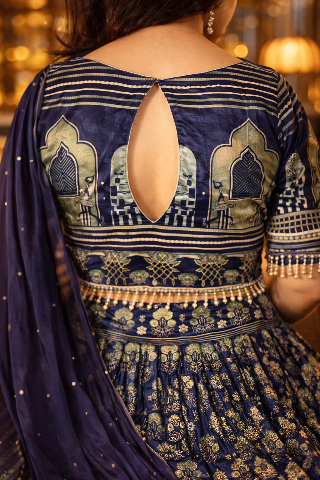 Blue Modal Satin Silk Hand-Worked Lehenga Set