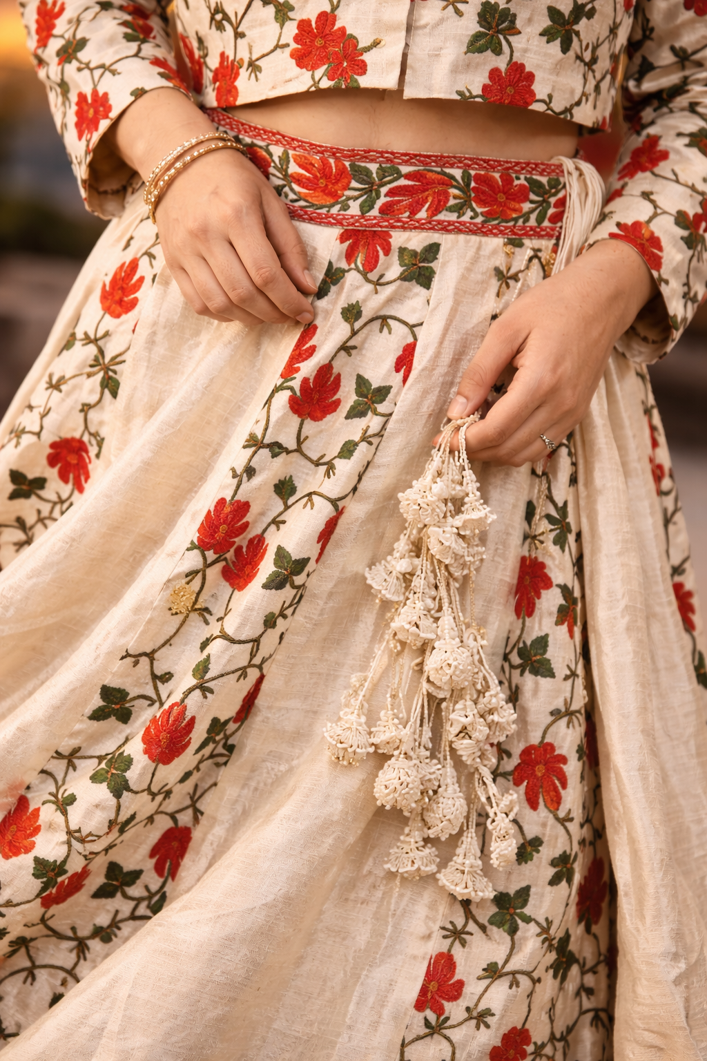 Cream Kashmiri Aari Work Panel Skirt with Jacket Style Crop Top