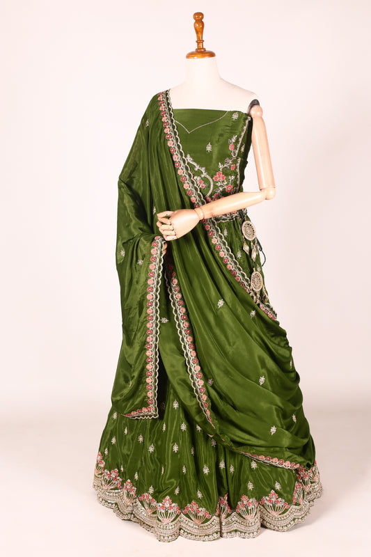 Mehendi Green Art Silk Lehenga with Computerised Embroidery, Tassels & Matching Dupatta