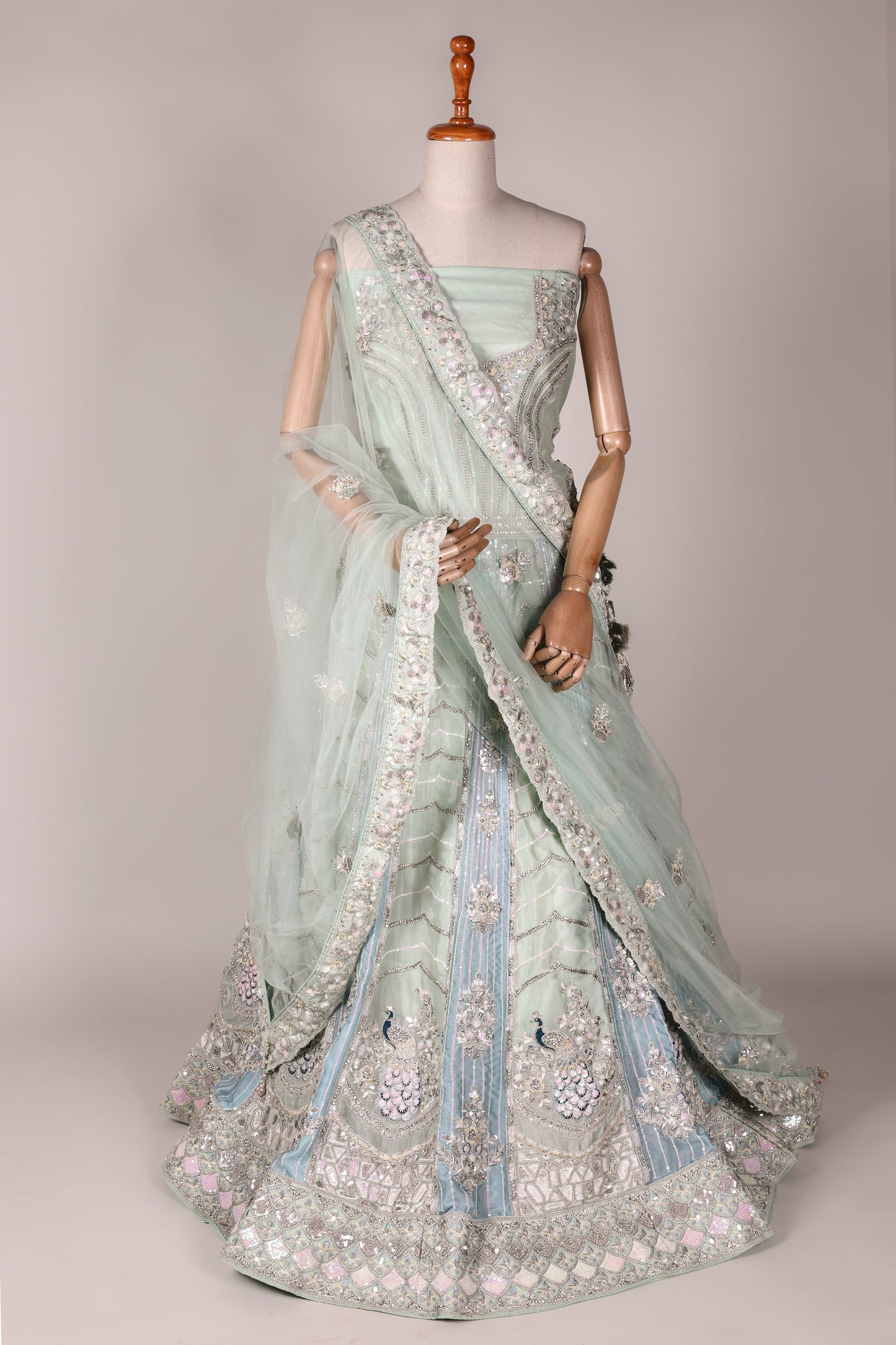 Sea Green Chinon Lehenga with Sequin & Butta Embroidery and Lace‑Bordered Dupatta