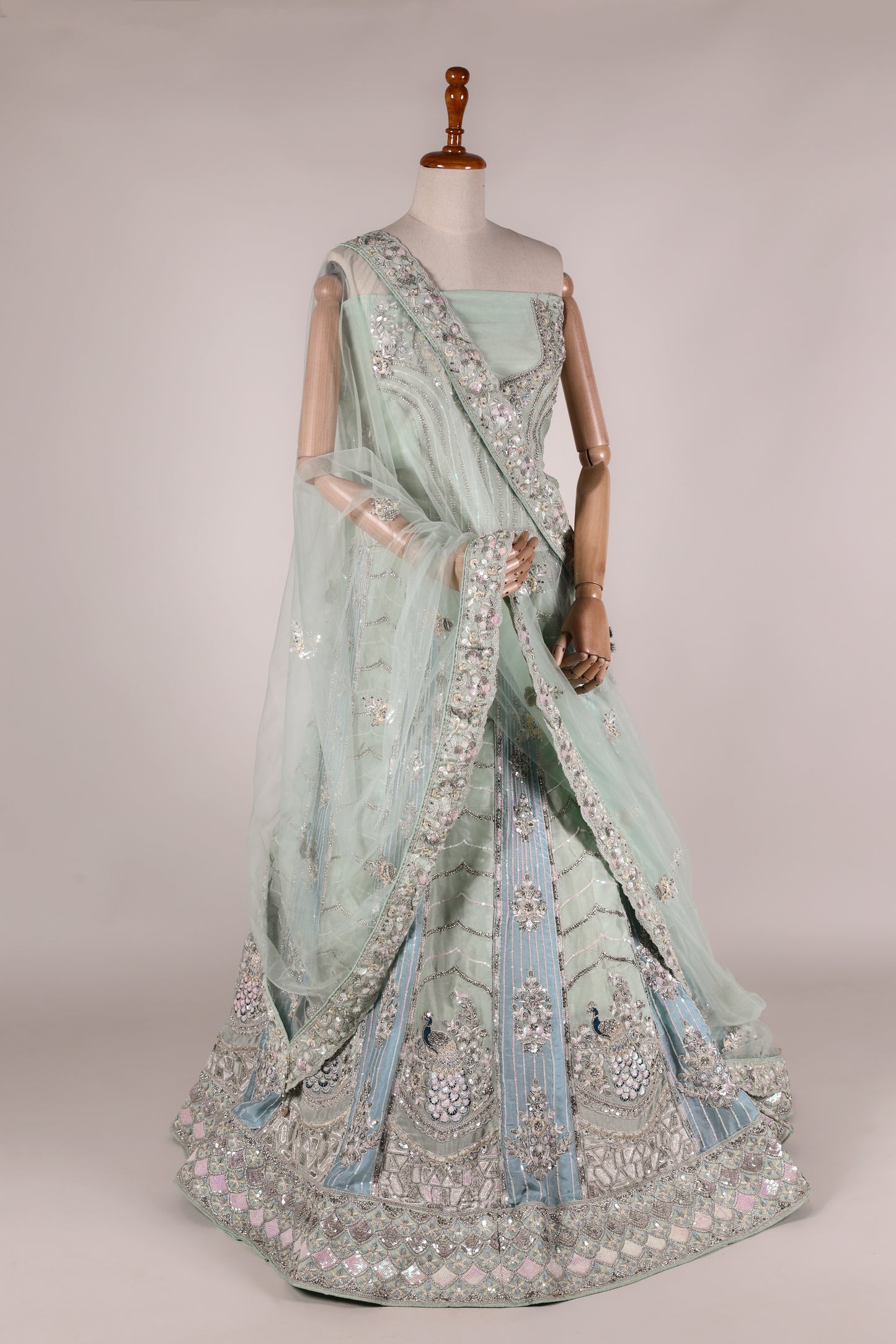 Sea Green Chinon Lehenga with Sequin & Butta Embroidery and Lace‑Bordered Dupatta