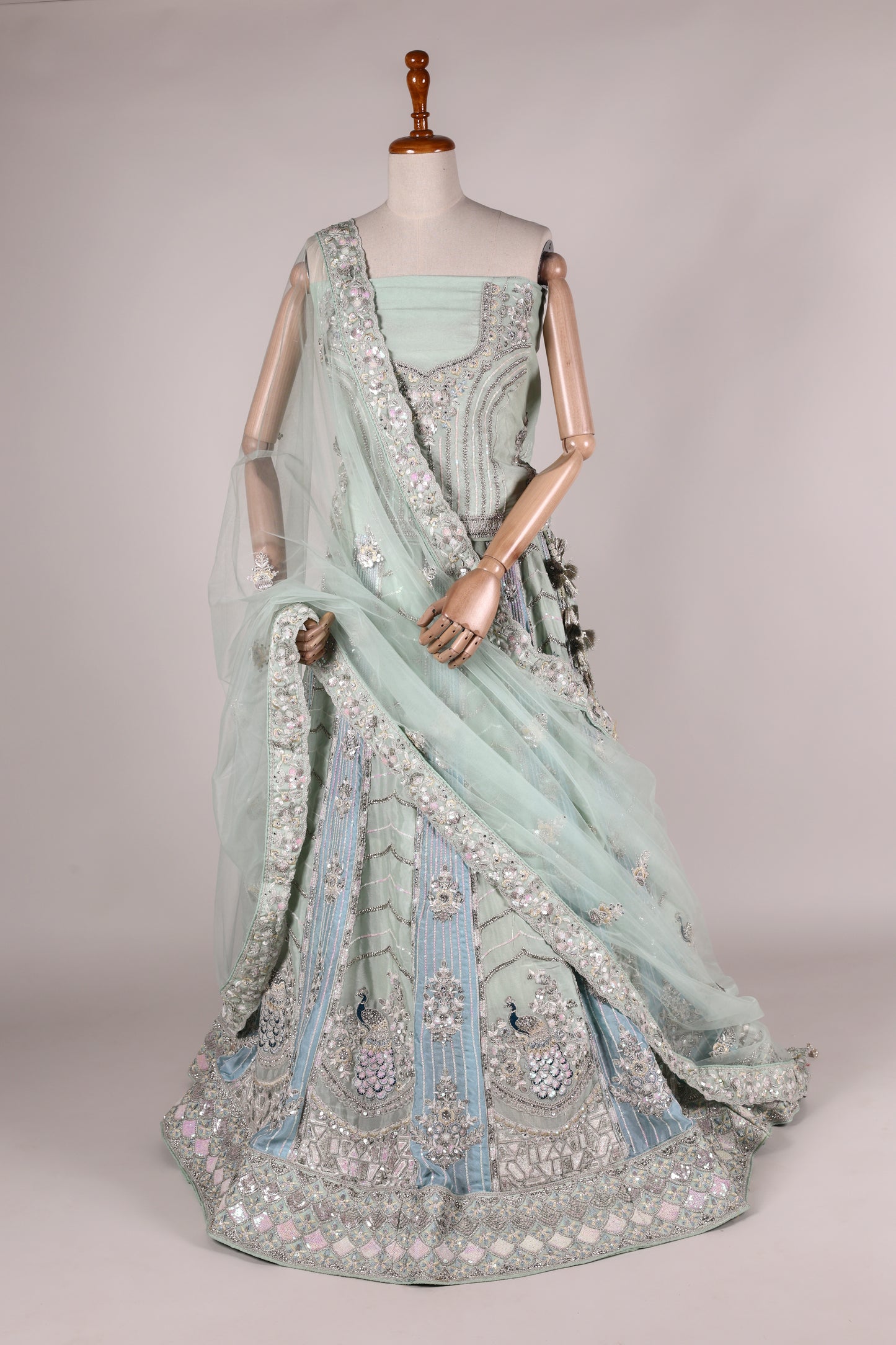 Sea Green Chinon Lehenga with Sequin & Butta Embroidery and Lace‑Bordered Dupatta
