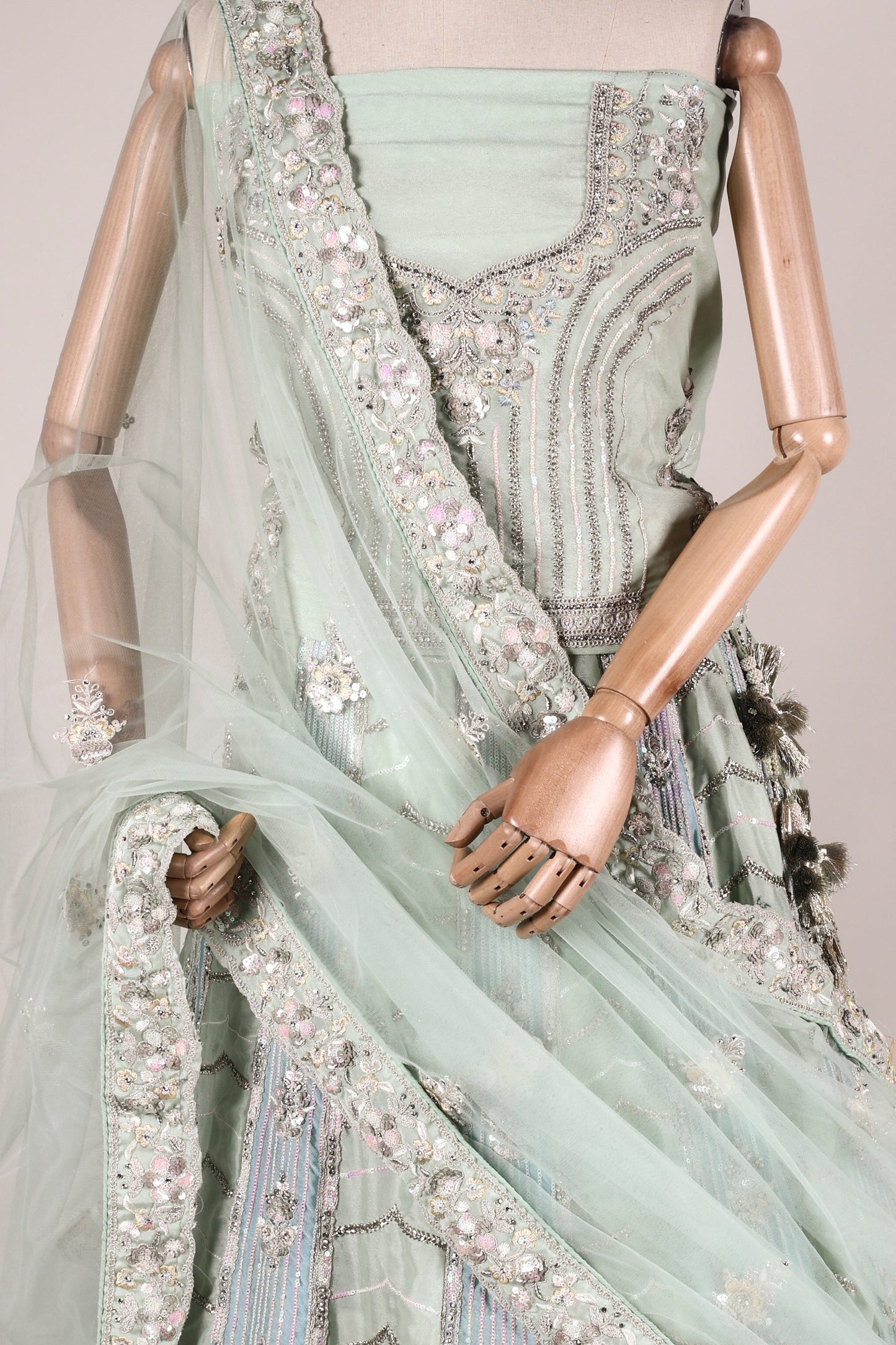 Sea Green Chinon Lehenga with Sequin & Butta Embroidery and Lace‑Bordered Dupatta