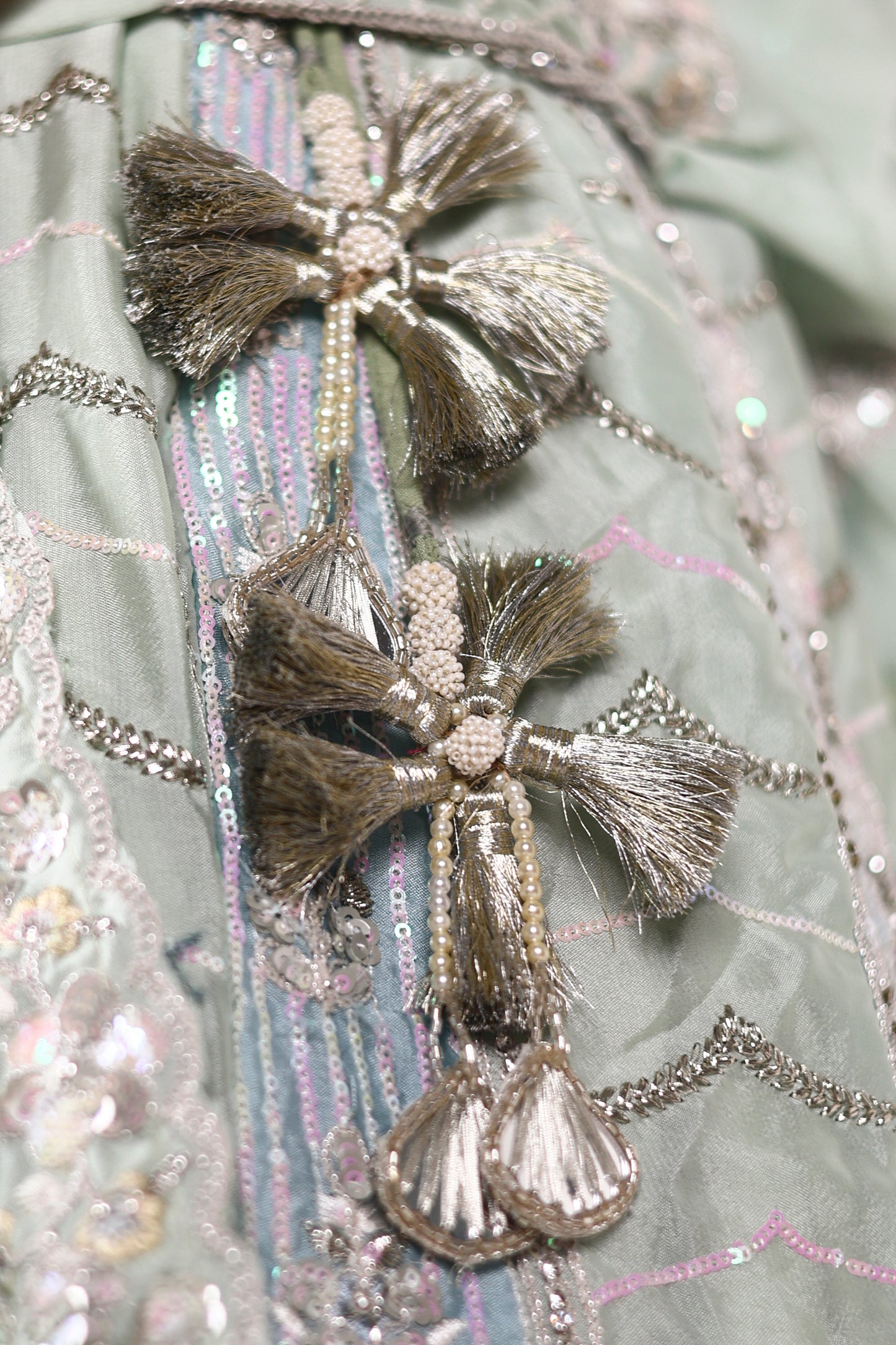 Sea Green Chinon Lehenga with Sequin & Butta Embroidery and Lace‑Bordered Dupatta