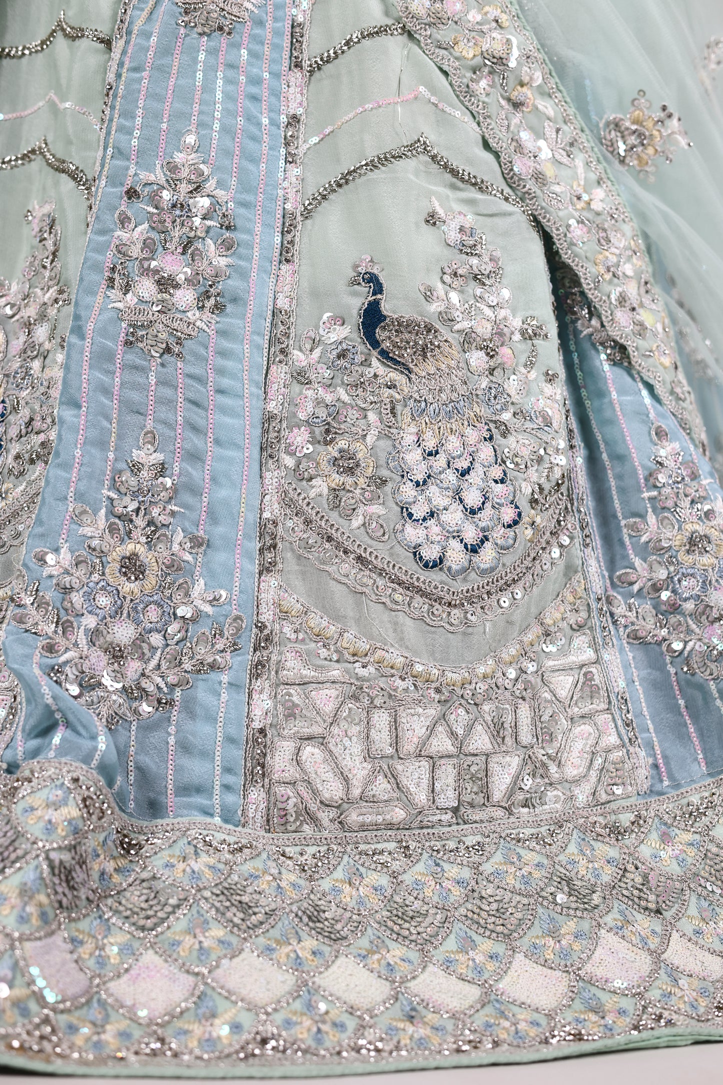 Sea Green Chinon Lehenga with Sequin & Butta Embroidery and Lace‑Bordered Dupatta