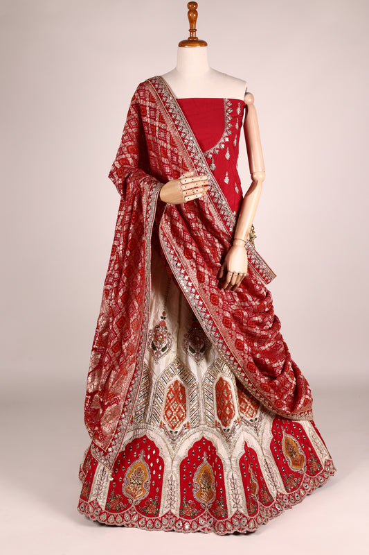 Ivory Art Silk Zari Tissue Lehenga with Bead & Gota Work, Contrast Red Blouse & Dupatta