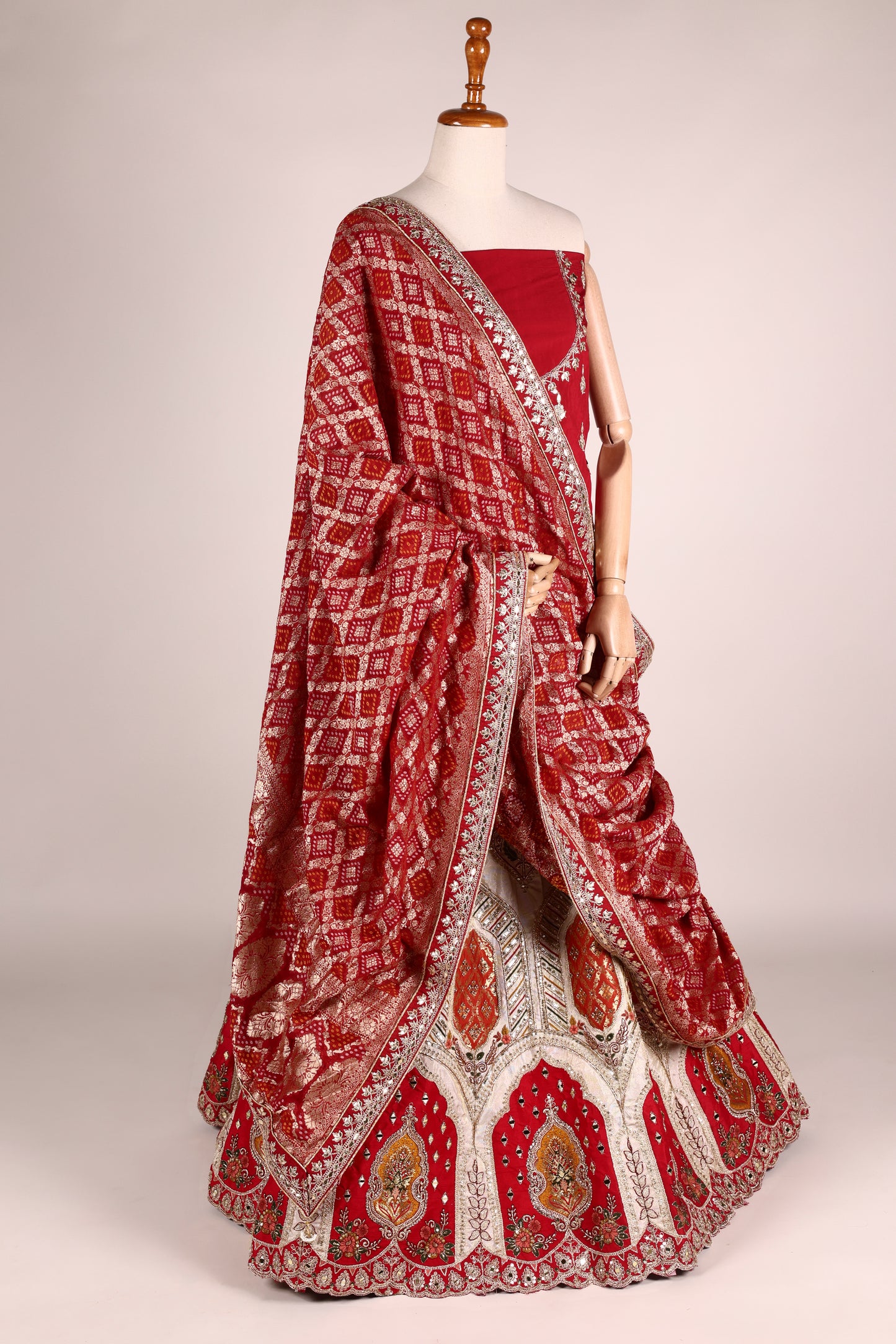 Ivory Art Silk Zari Tissue Lehenga with Bead & Gota Work, Contrast Red Blouse & Dupatta