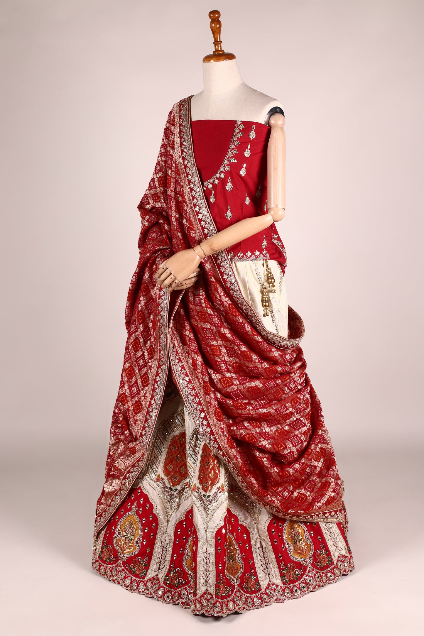 Ivory Art Silk Zari Tissue Lehenga with Bead & Gota Work, Contrast Red Blouse & Dupatta