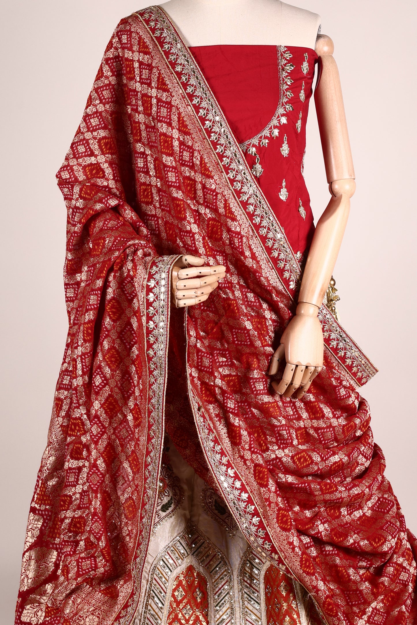 Ivory Art Silk Zari Tissue Lehenga with Bead & Gota Work, Contrast Red Blouse & Dupatta
