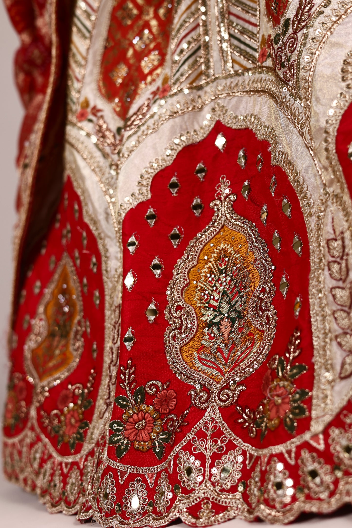 Ivory Art Silk Zari Tissue Lehenga with Bead & Gota Work, Contrast Red Blouse & Dupatta