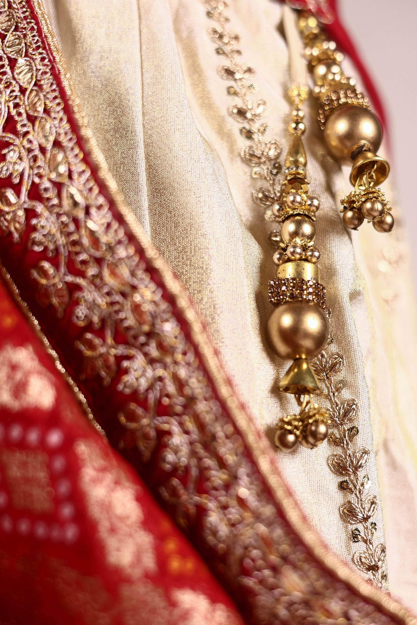 Ivory Art Silk Zari Tissue Lehenga with Bead & Gota Work, Contrast Red Blouse & Dupatta