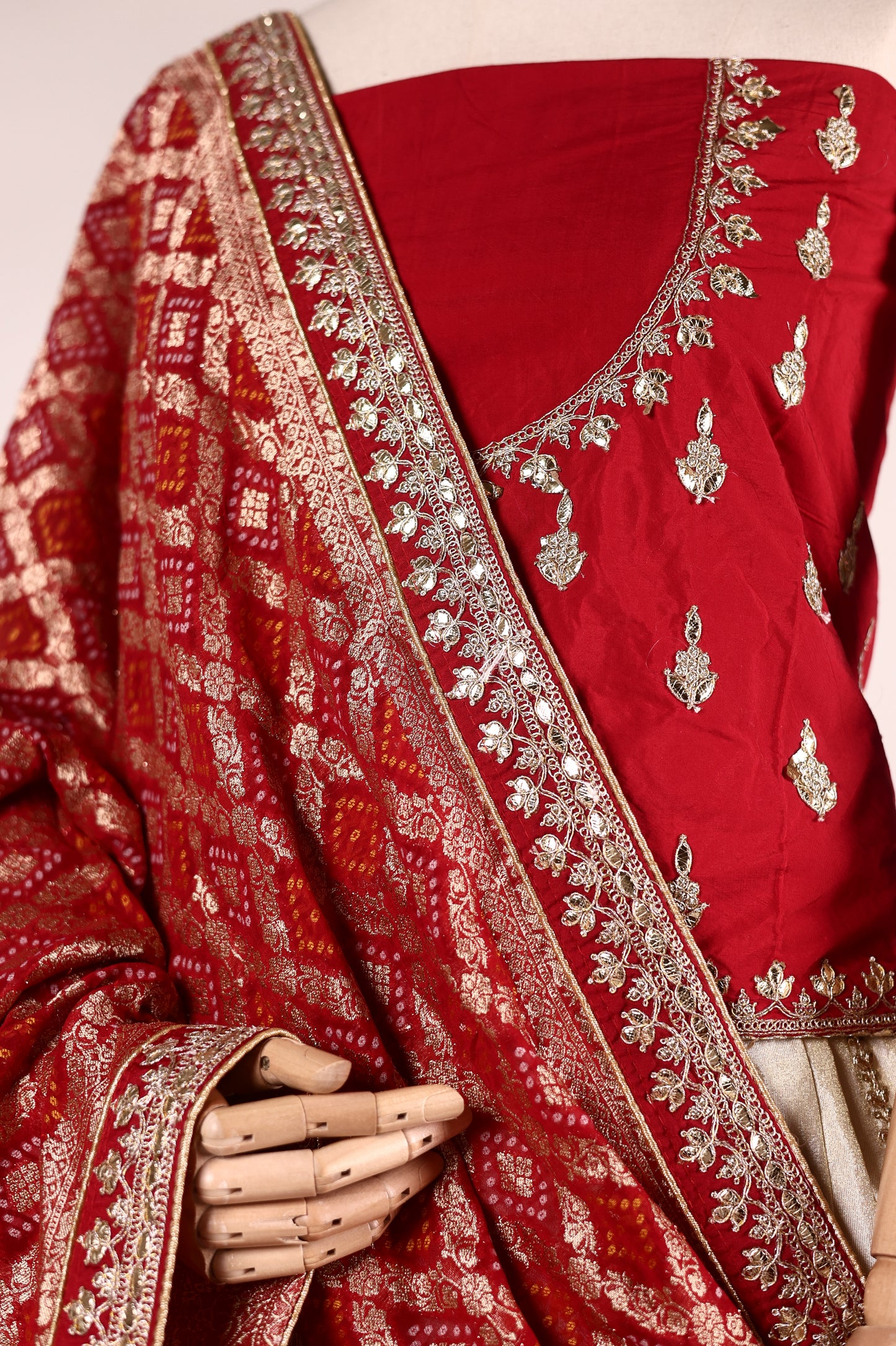 Ivory Art Silk Zari Tissue Lehenga with Bead & Gota Work, Contrast Red Blouse & Dupatta