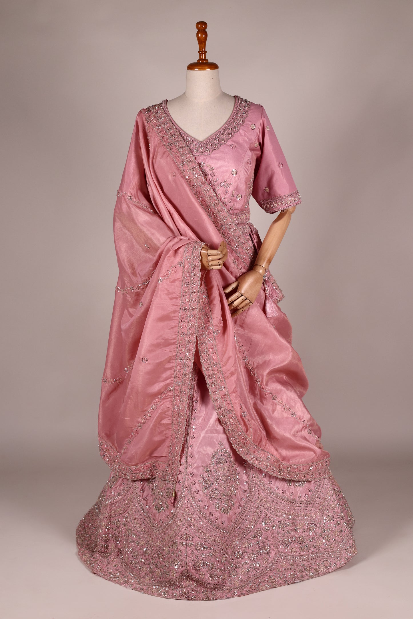 Pink Chinon Lehenga with Embroidery, Tassels & Matching Dupatta