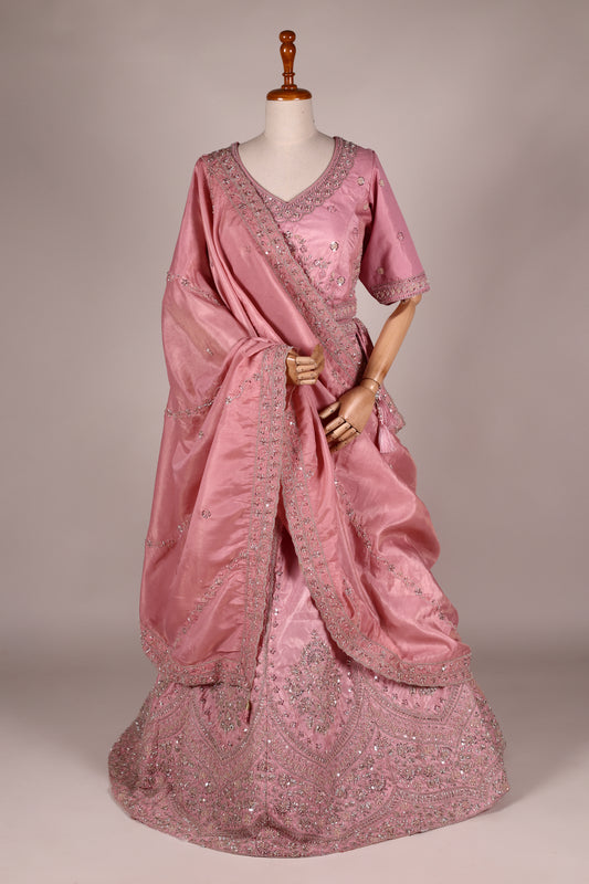 Pink Chinon Lehenga with Embroidery, Tassels & Matching Dupatta