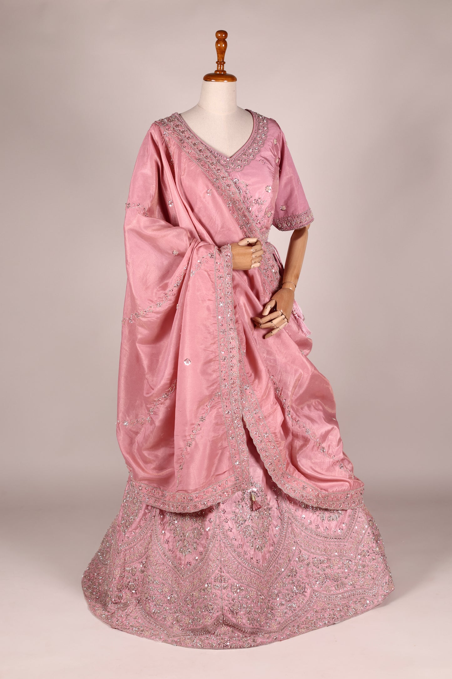 Pink Chinon Lehenga with Embroidery, Tassels & Matching Dupatta