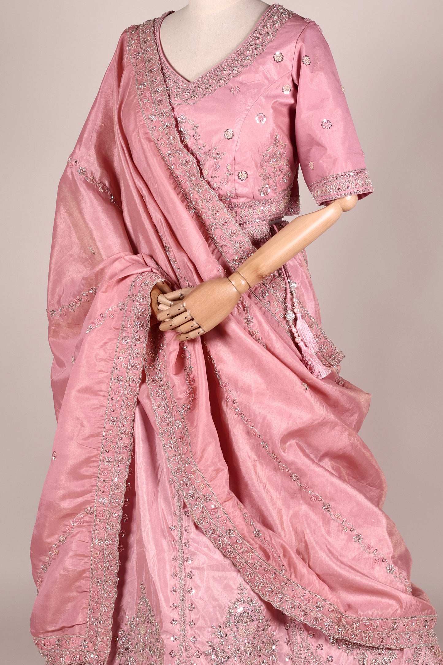 Pink Chinon Lehenga with Embroidery, Tassels & Matching Dupatta