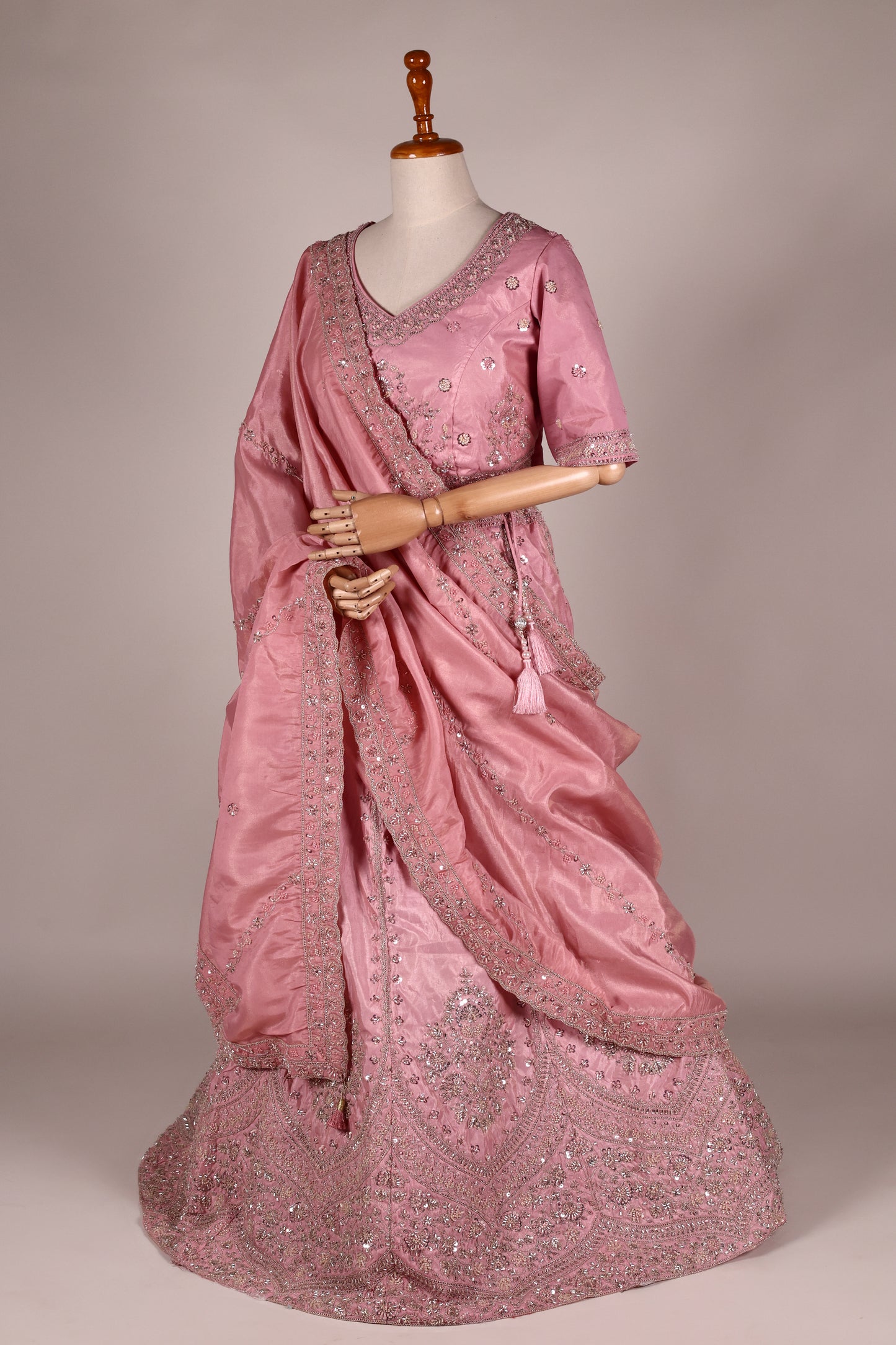 Pink Chinon Lehenga with Embroidery, Tassels & Matching Dupatta