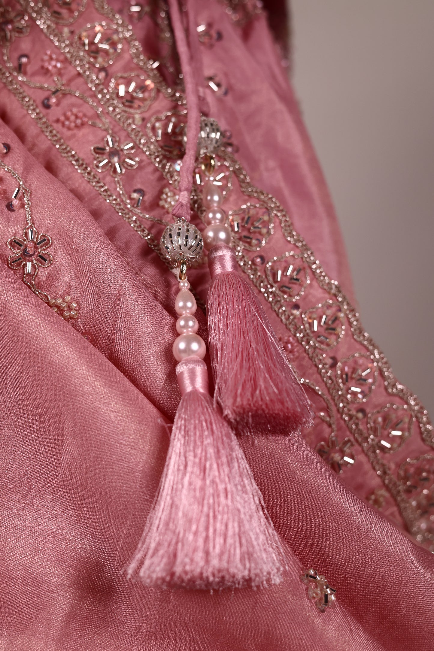 Pink Chinon Lehenga with Embroidery, Tassels & Matching Dupatta