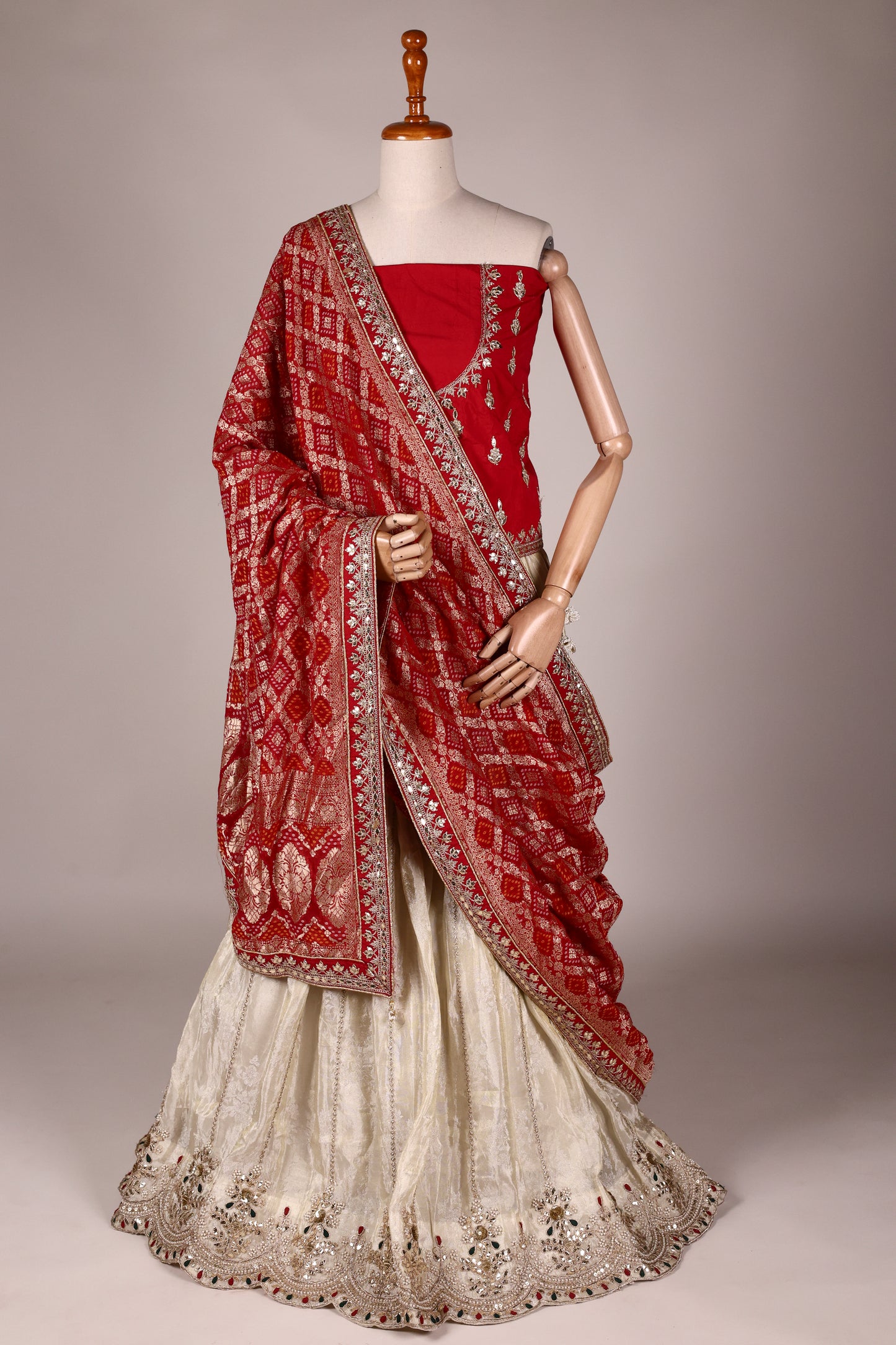 Ivory Art Silk Zari Tissue Lehenga with Bead & Gota Embroidery and Contrast Red Blouse & Dupatta