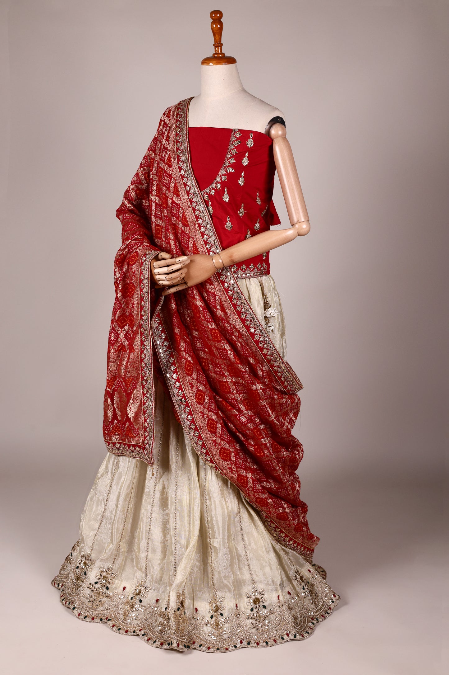 Ivory Art Silk Zari Tissue Lehenga with Bead & Gota Embroidery and Contrast Red Blouse & Dupatta