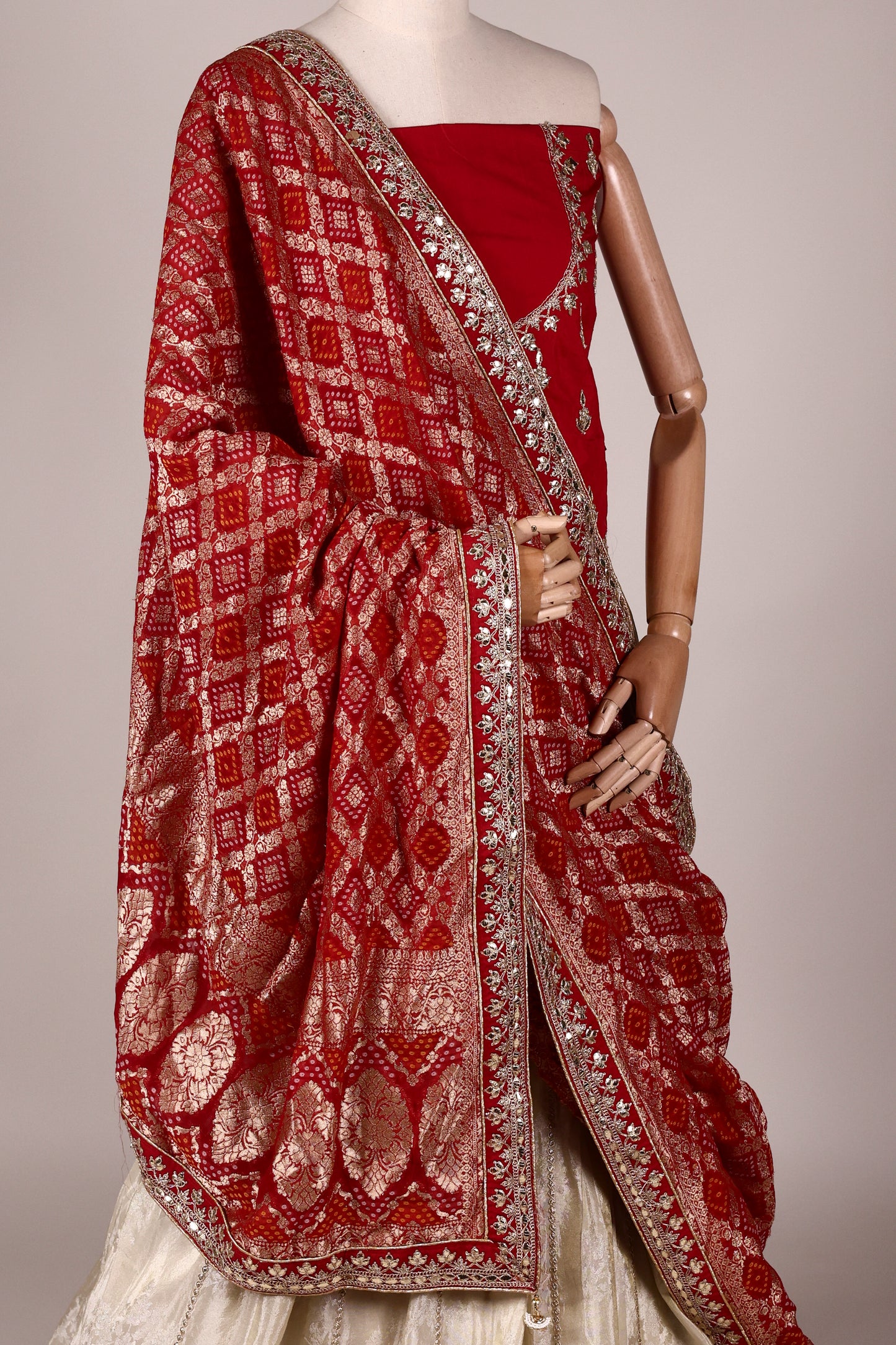 Ivory Art Silk Zari Tissue Lehenga with Bead & Gota Embroidery and Contrast Red Blouse & Dupatta