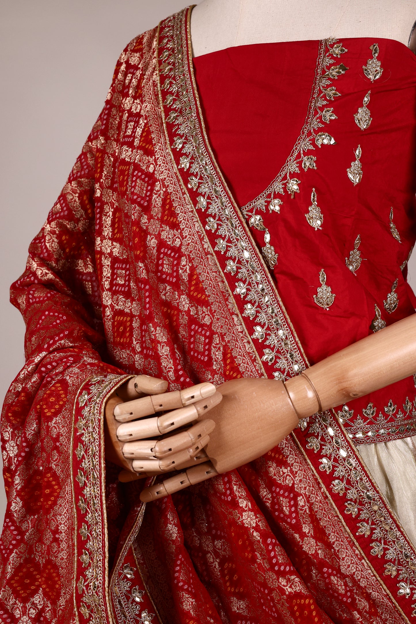 Ivory Art Silk Zari Tissue Lehenga with Bead & Gota Embroidery and Contrast Red Blouse & Dupatta