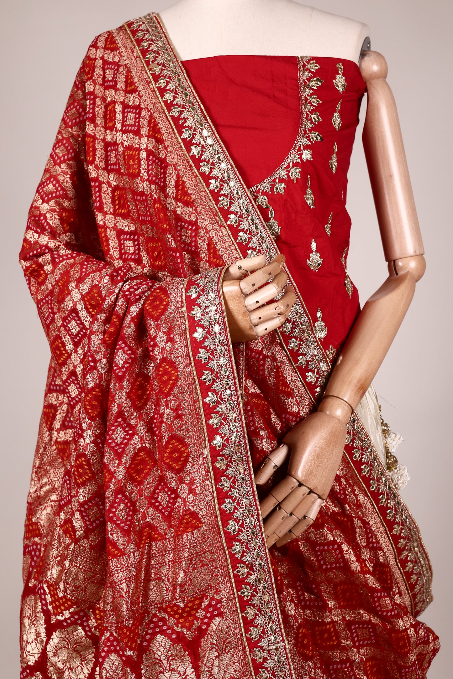Ivory Art Silk Zari Tissue Lehenga with Bead & Gota Embroidery and Contrast Red Blouse & Dupatta